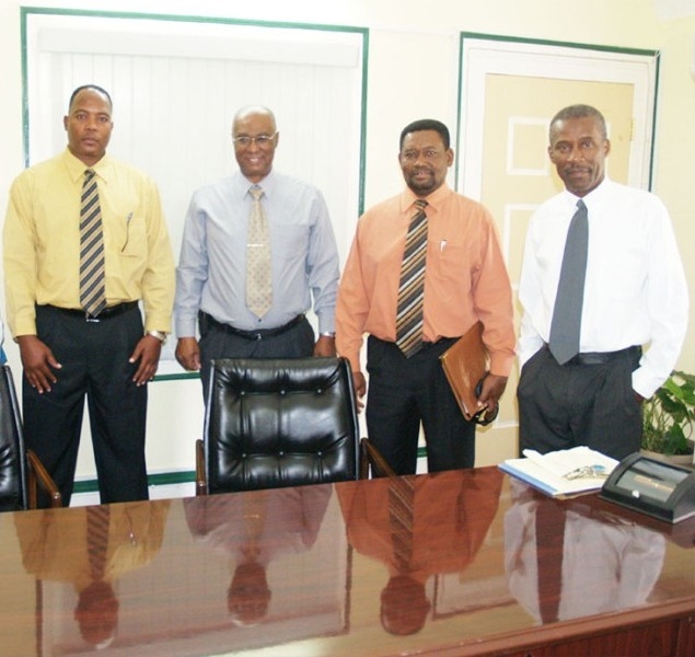 Premier of Nevis, Hon. Joseph Parry met with officials of the Development Bank. From left is the General Manager Mr Lenworth Harris, Premier Parry, Bank Director Dr Telbert Glasgow, and Cabinet Secretary Mr Ashley Farrell